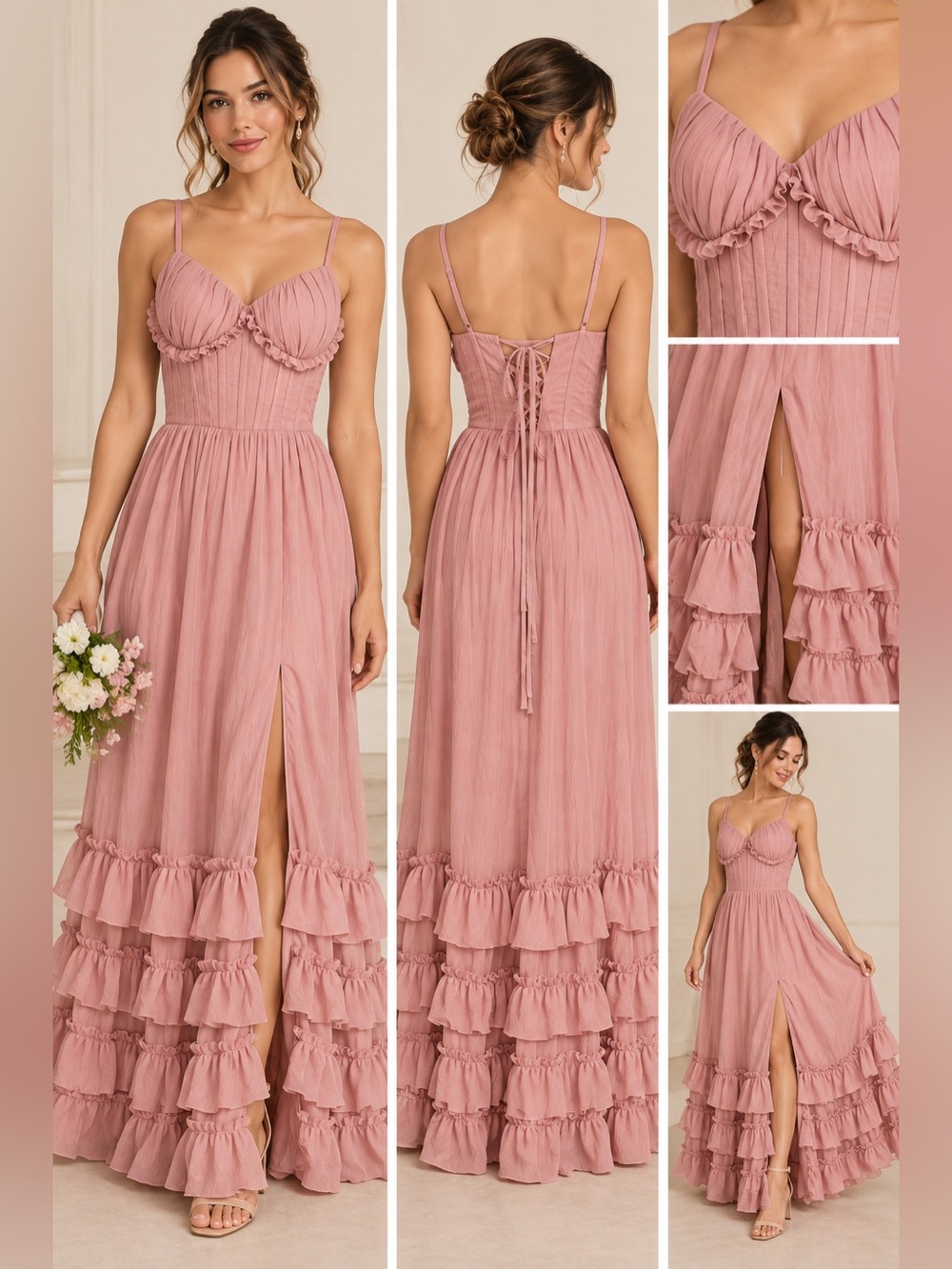 Dusty Rose Corset Ruffle Maxi Dress Lace Up Back Size 6
